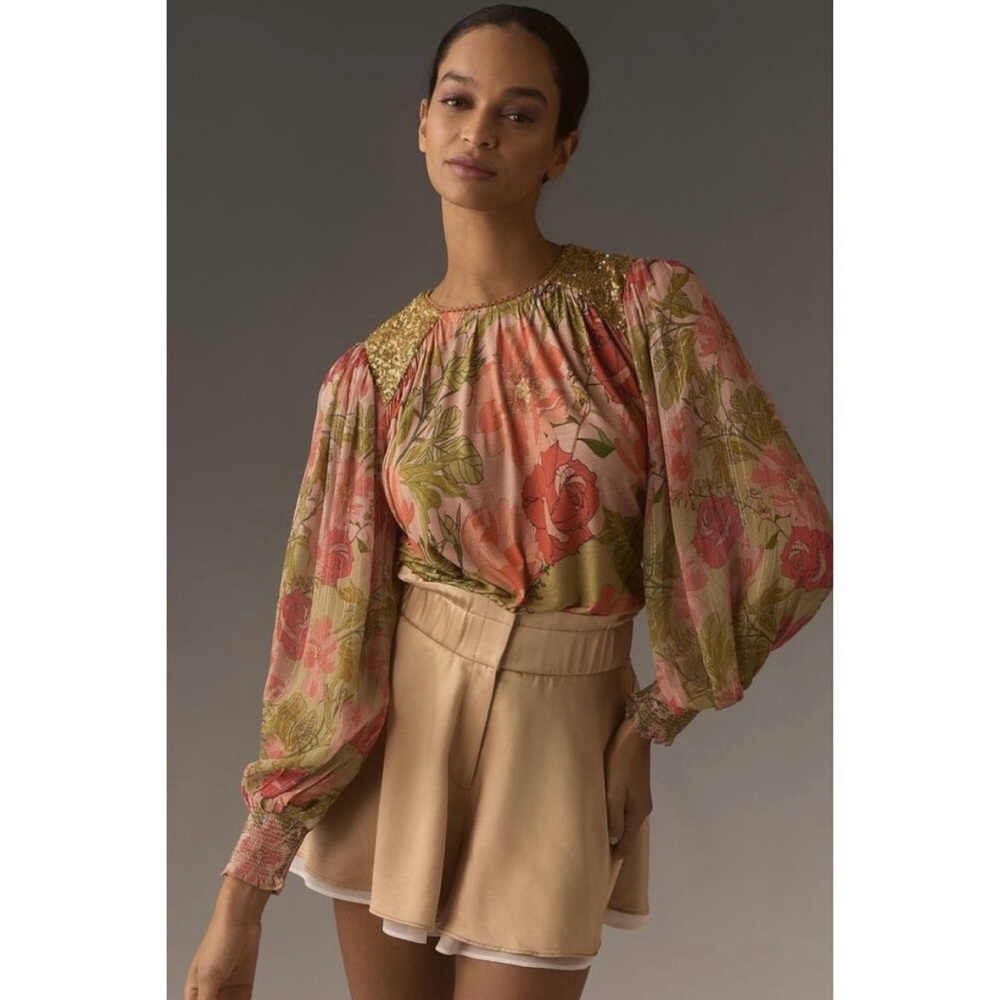 Anthropologie Bl-nk London Sequin-Embellished Blouse in Orange & Green‎ Floral